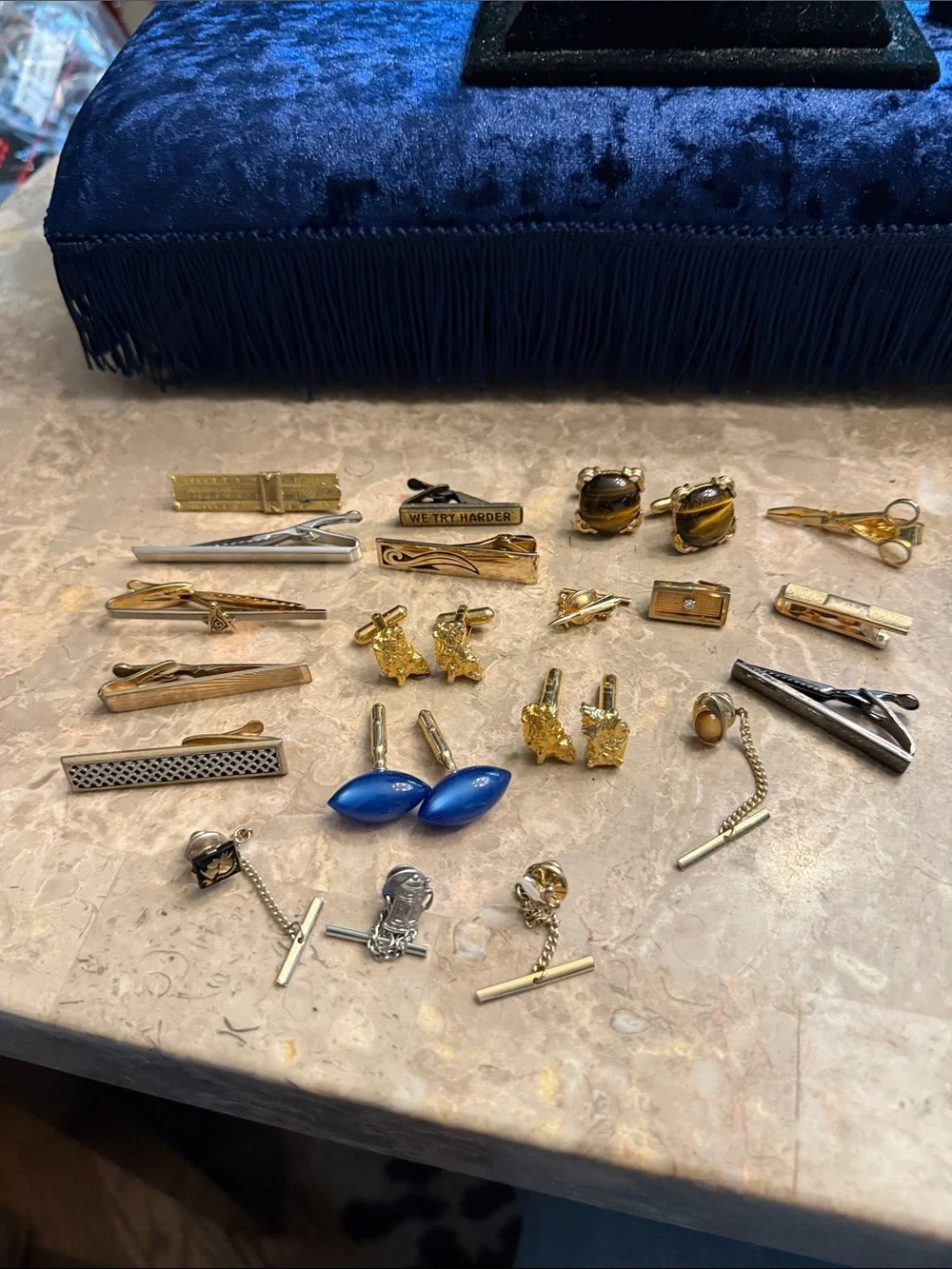 Vintage collection lot of 20 unique pins, Tie clips, cufflinks from 1940s-1980s